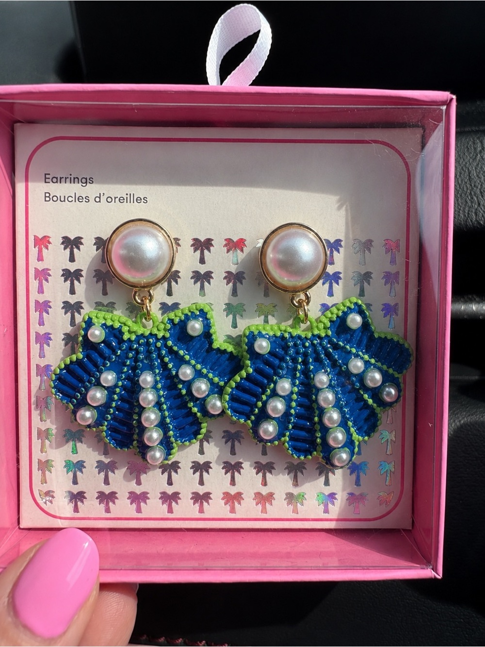 Beaded Blue & Lime Shell Pearl Drop Earrings (NWT)